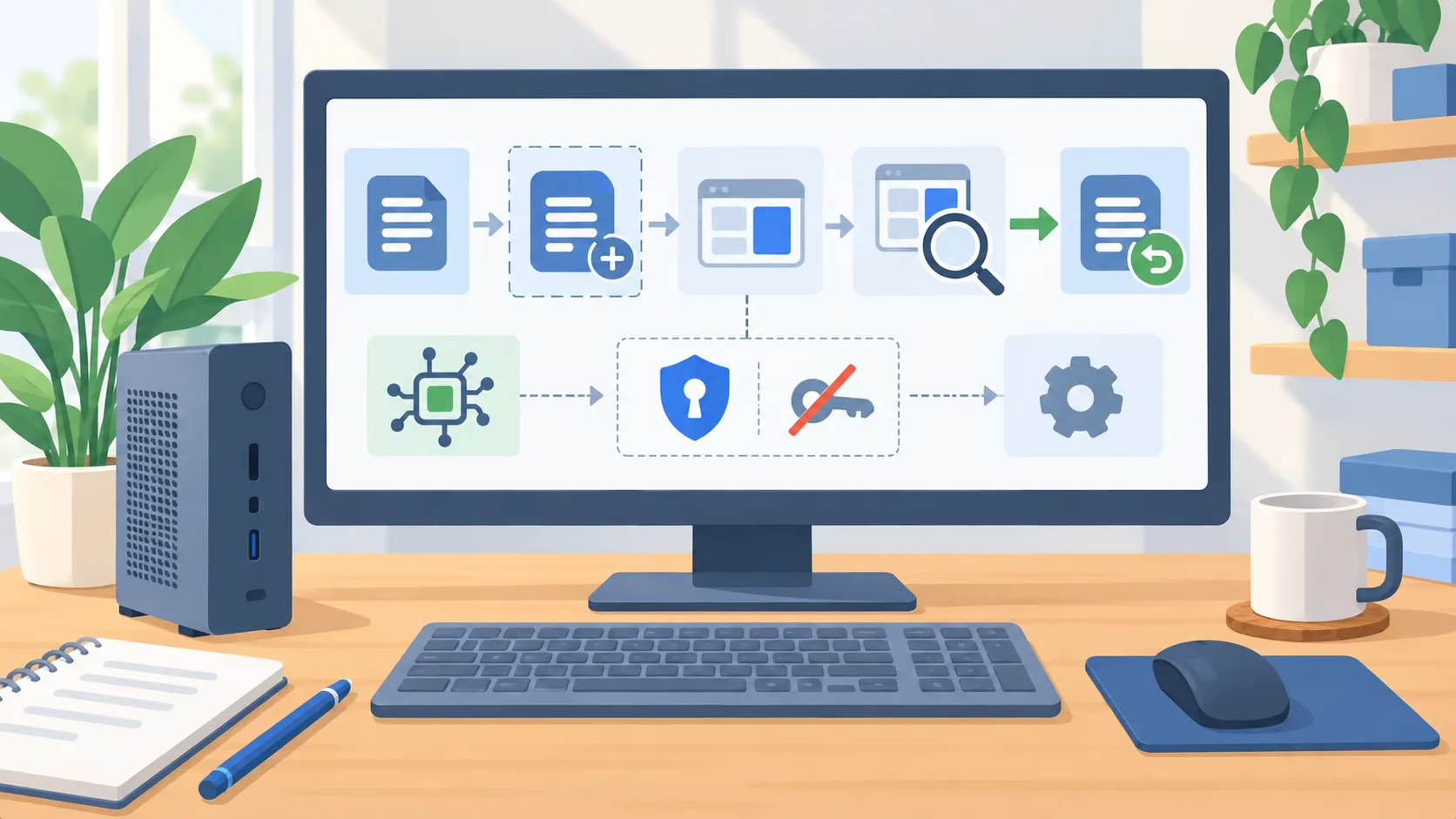 A computer setting is changed in a test workspace and restored after verification