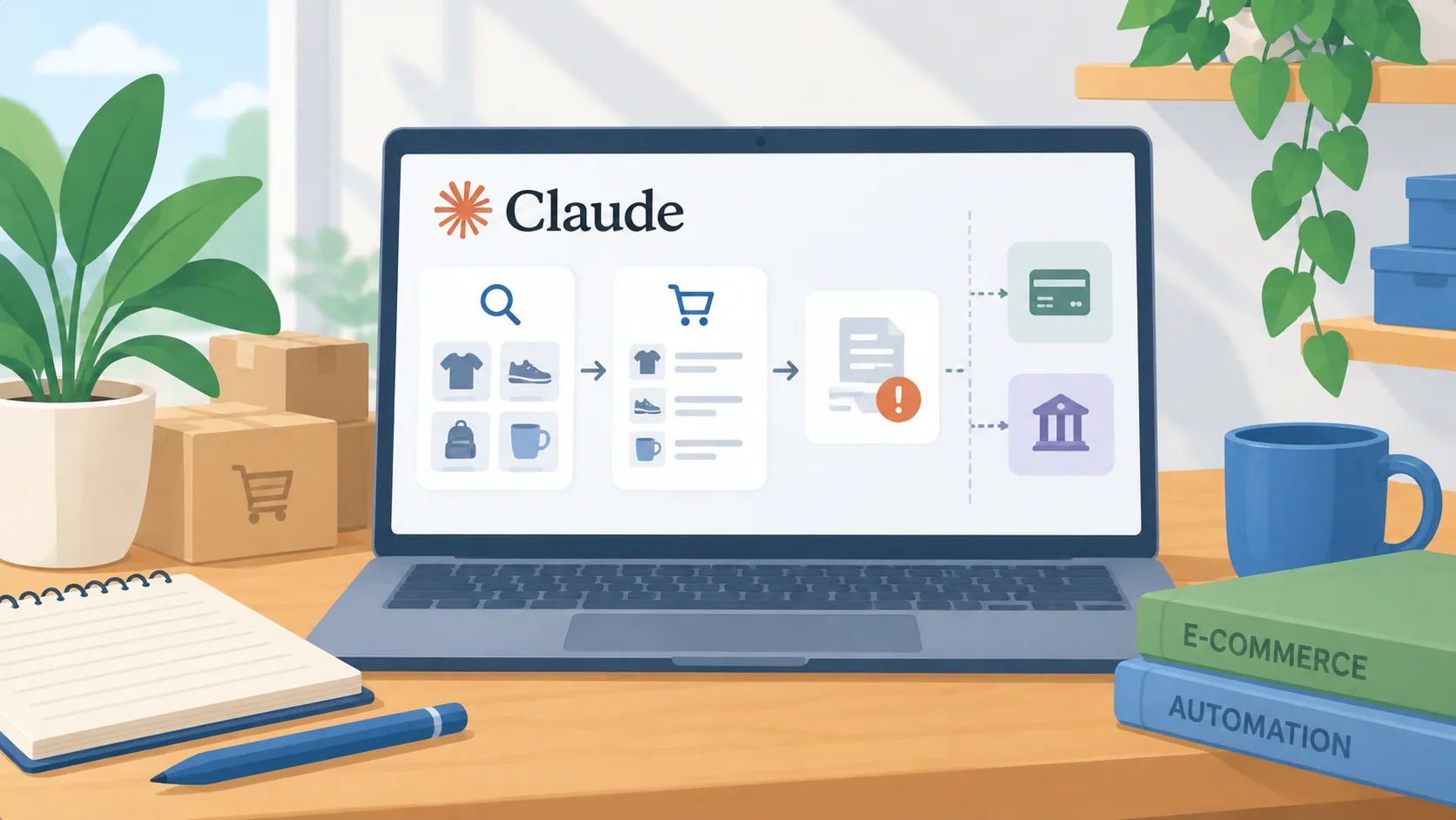 Diagram of a shopping agent using catalog data and handing a cart to the existing checkout, with merchant changes held for approval.