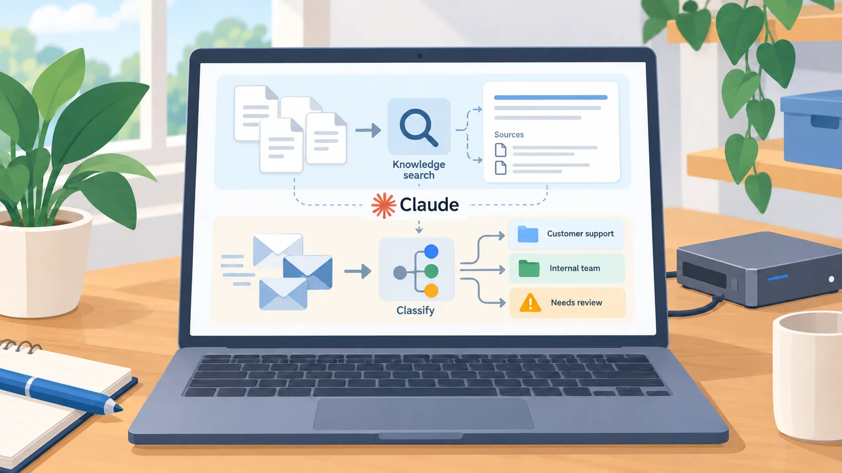 Claude laptop with two separate workflows: approved-document knowledge search with sources, and incoming email classification into team and review queues.