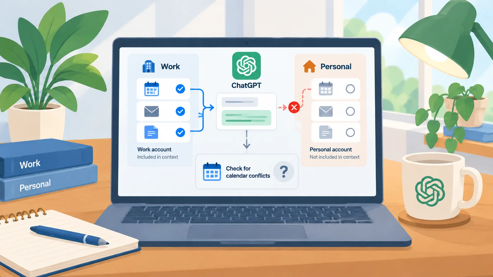 Diagram showing separate work and personal Google accounts selected explicitly before their information enters one AI conversation.