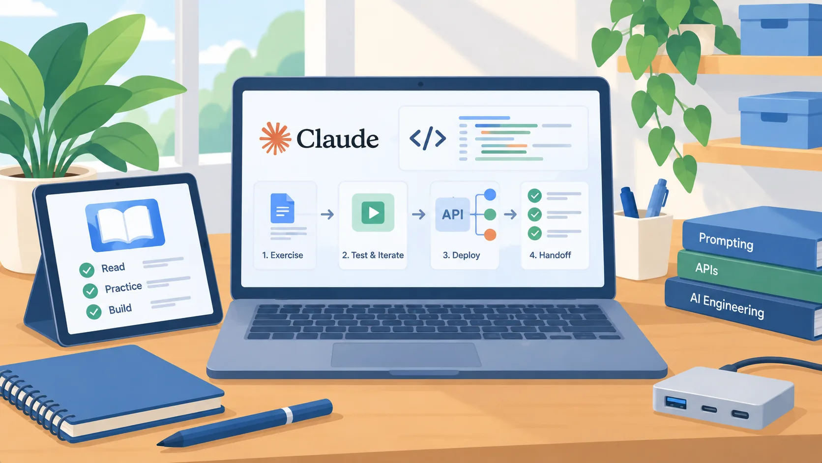 Claude engineering practice laptop with coding exercise, tested workflow and handoff checklist, beside a training tablet.