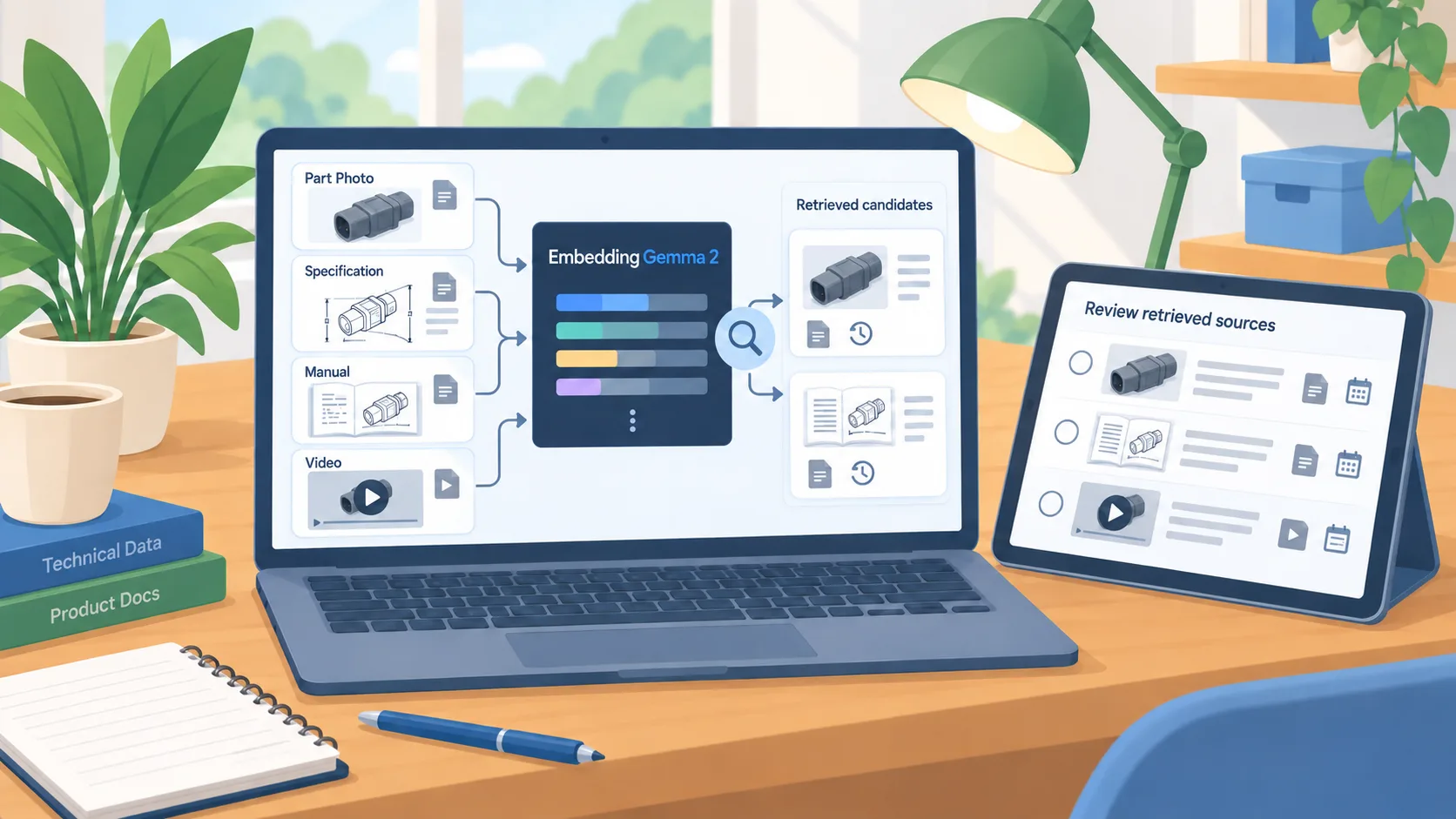 Conceptual EmbeddingGemma 2 workflow retrieves candidate supplier photos and manual pages for a separate source review.