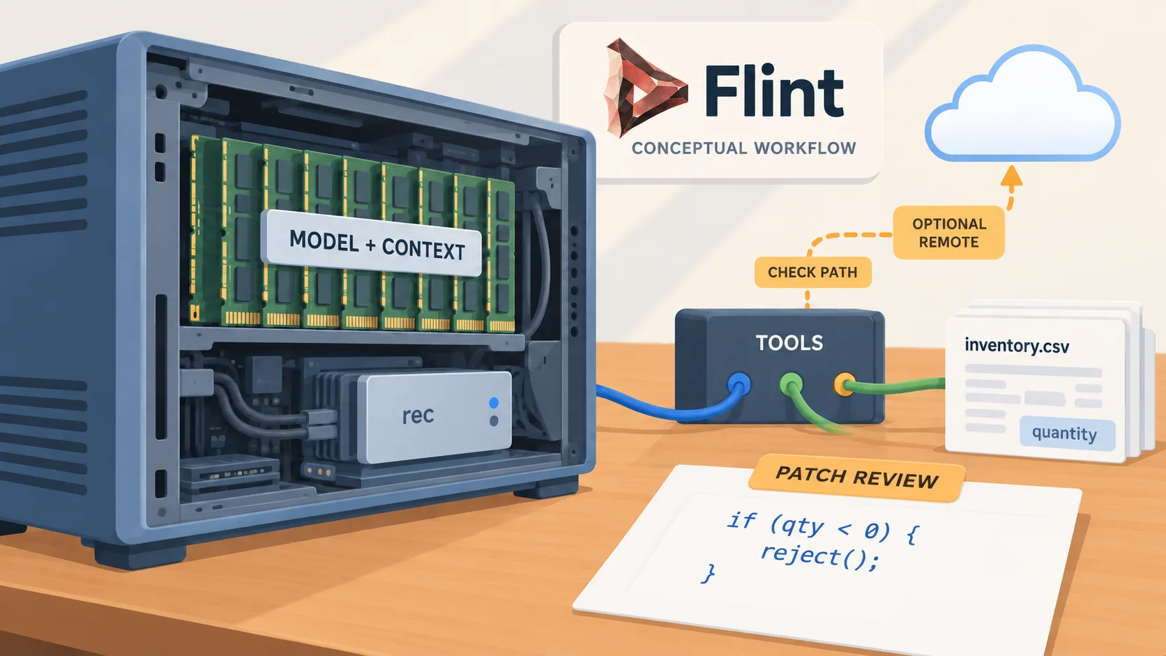 Diagram separating a local coding model’s memory, repository and tool paths, remote connections, and human review
