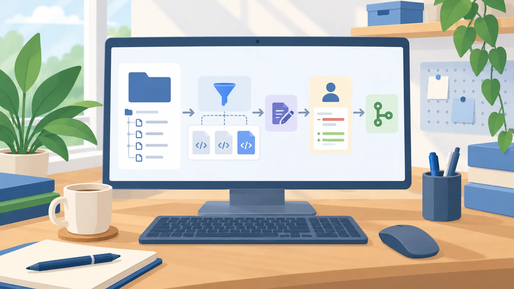 A prepared list of code functions moves through AI test drafting and human review