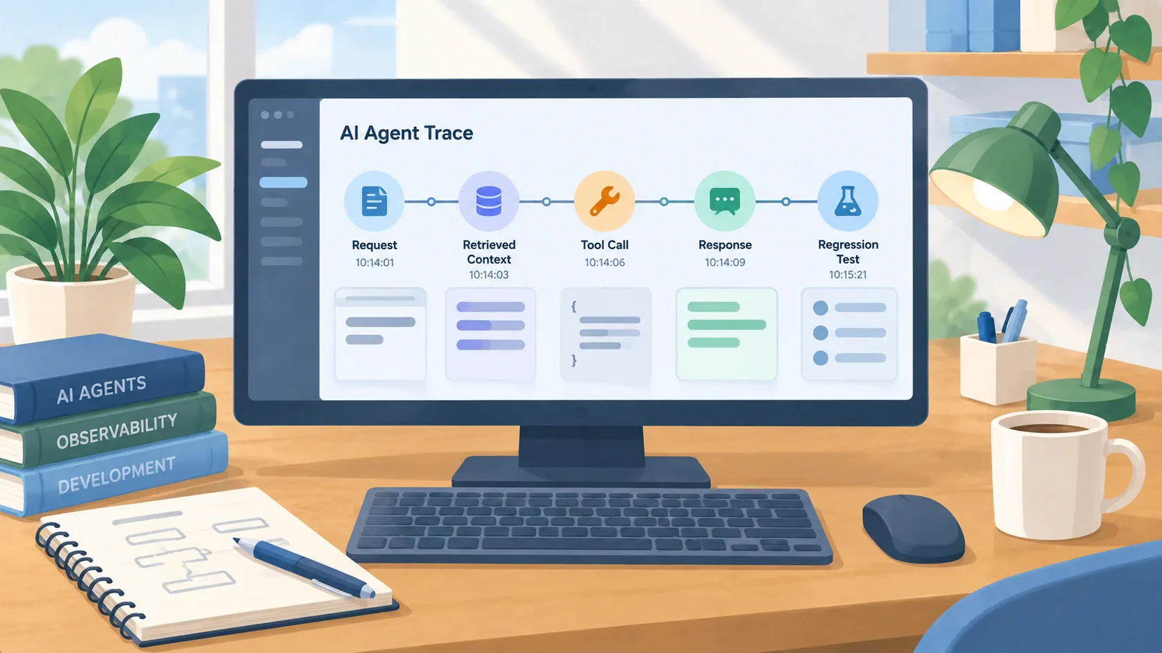 Diagram of a Copilot agent trace connecting a request, tool call, returned result, and human review