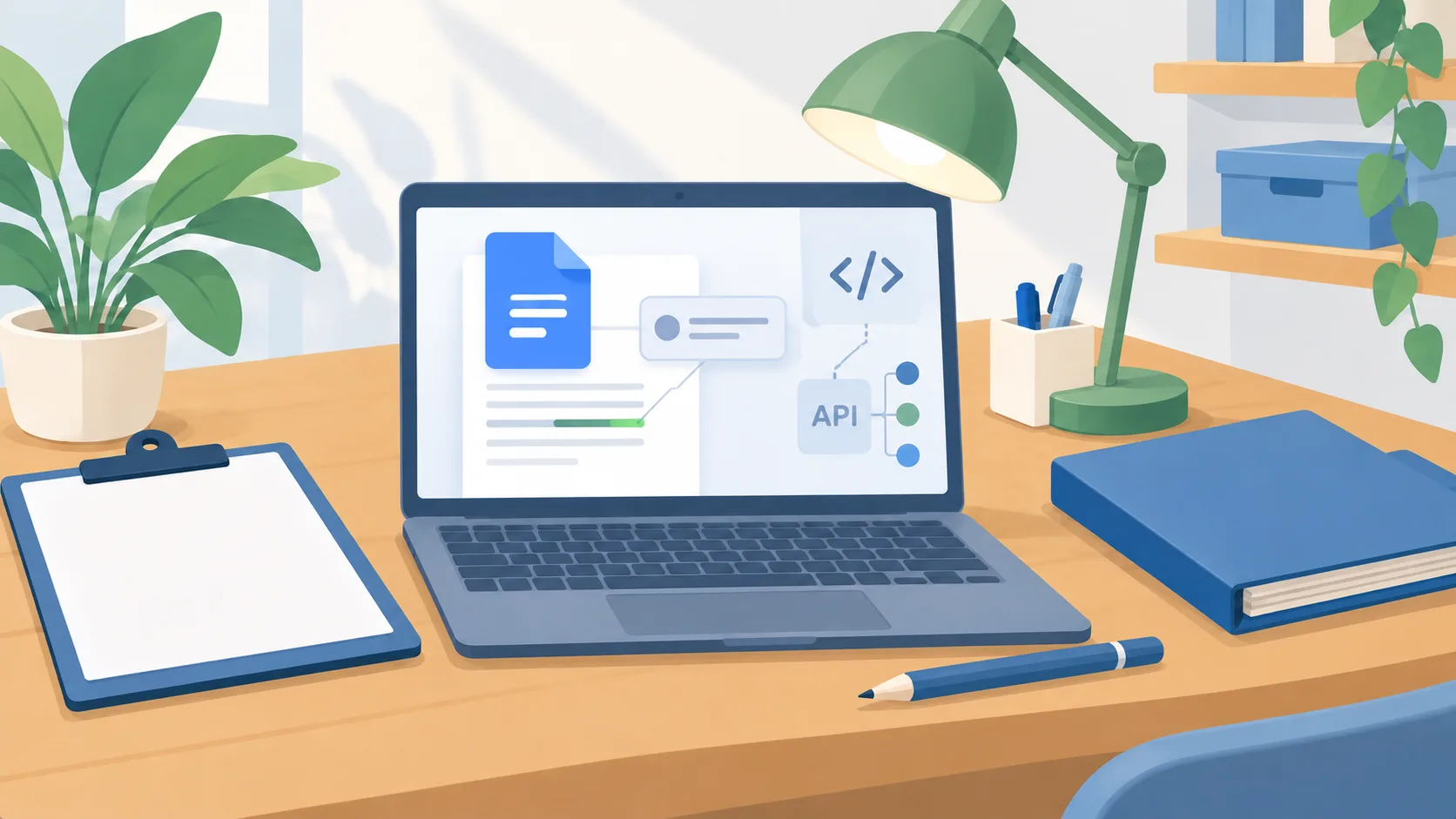 Document automation desk with Google Docs mark, suggested edit illustration and API symbols.