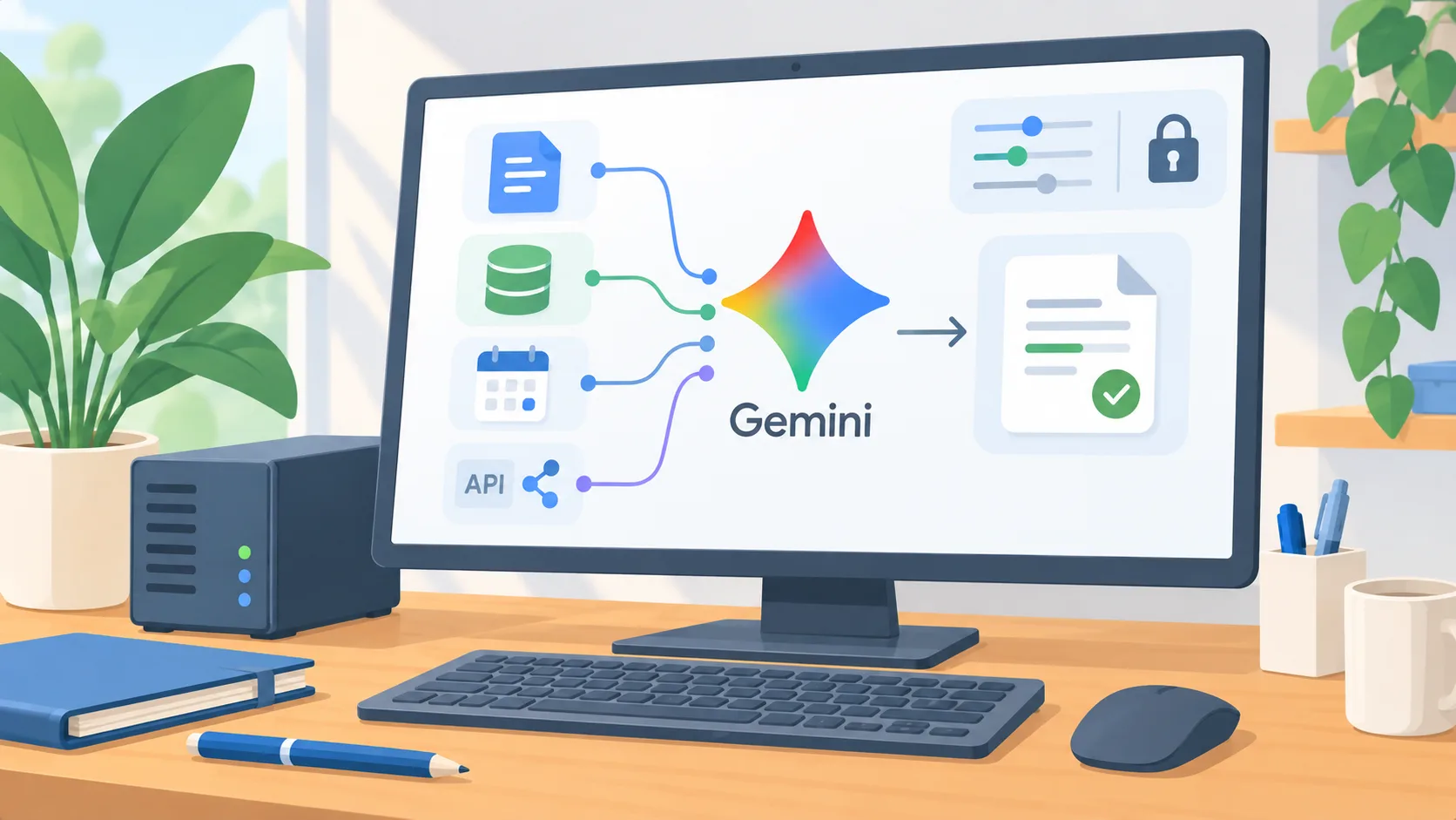 Gemini agent diagram on a dominant monitor connecting document, database and calendar tools to a reviewed work packet.