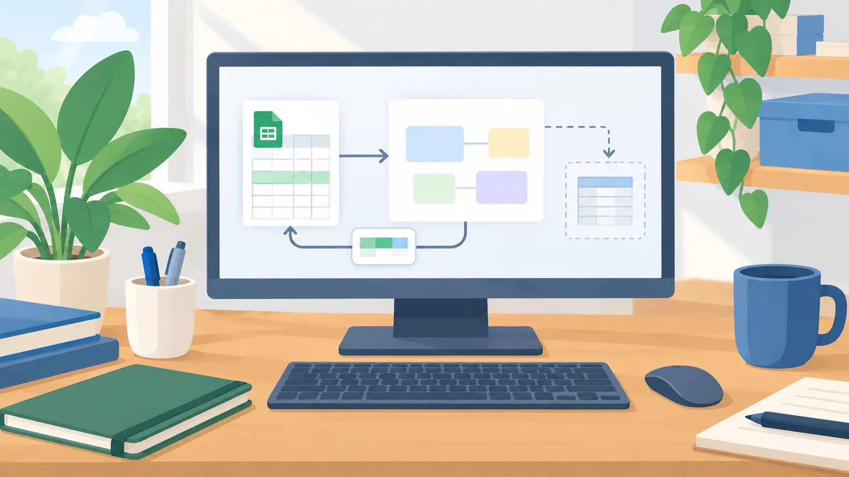Diagram showing a Sheets Canvas board and spreadsheet rows changing together, with a permission boundary around the test copy.