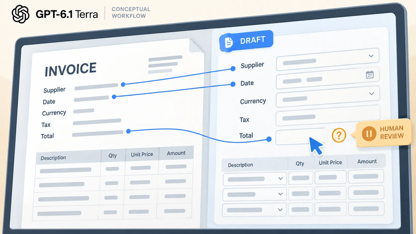 A generic invoice-entry screen places proposed fields beside the source invoice while the draft waits for human review.