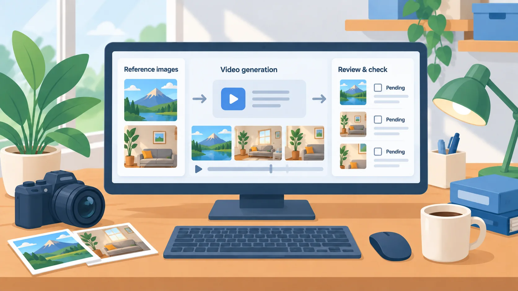 Diagram showing product and location reference images guiding three video storyboard frames