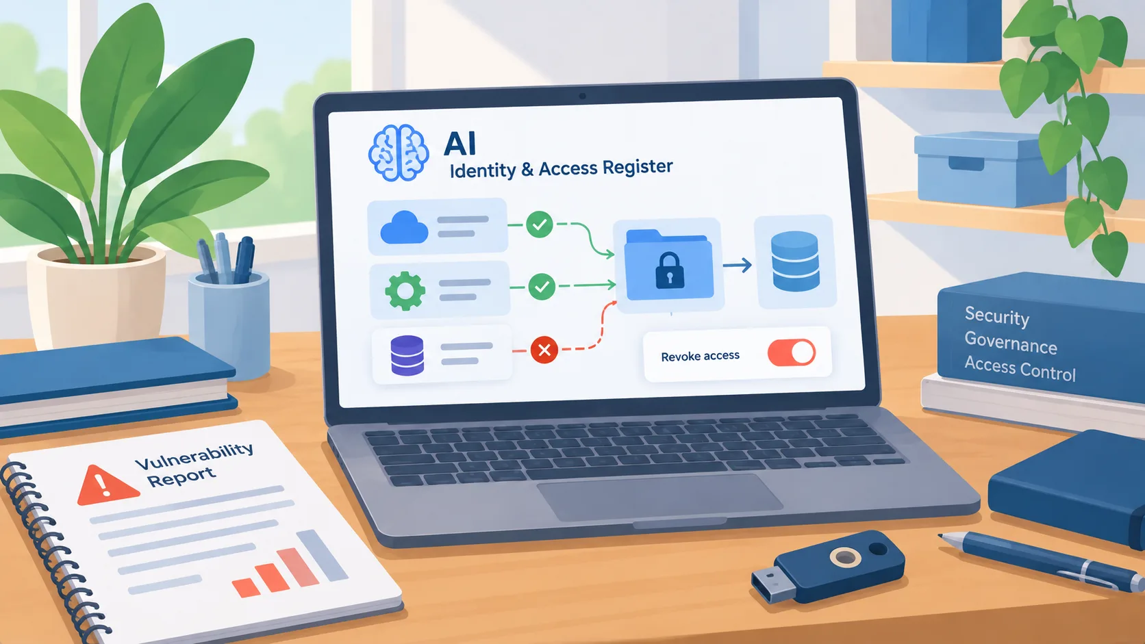 Diagram of AI service identities connected to business data and permission controls