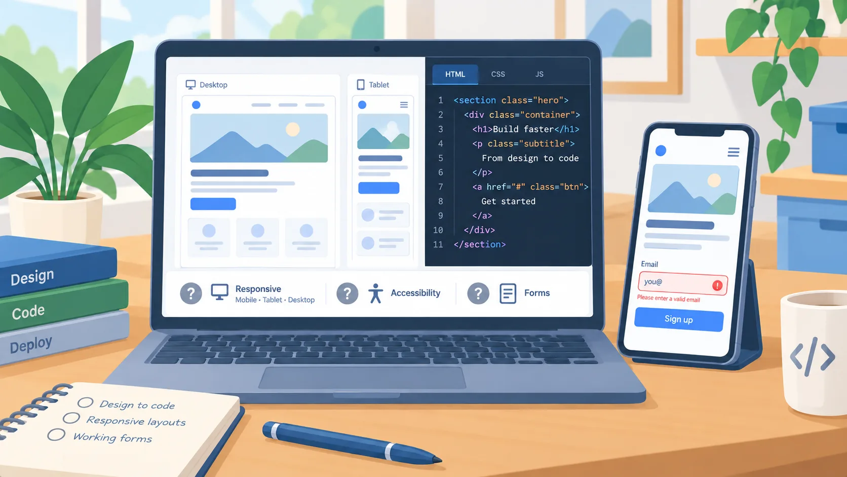 Design prototype beside a browser review checklist for responsive and functional behavior