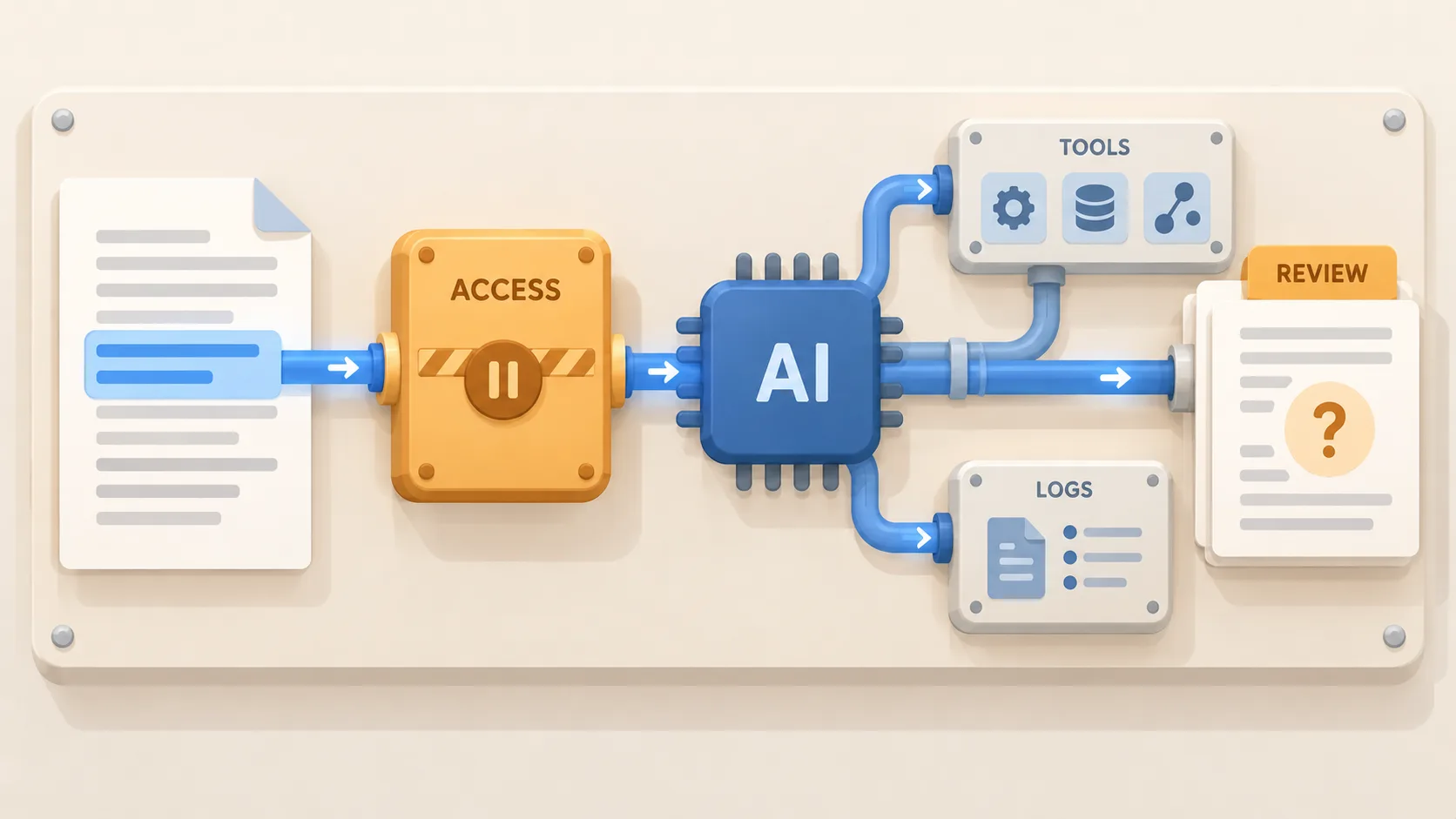 A conceptual AI data path routes a selected document excerpt through an access checkpoint, with separate tool and log branches and a draft awaiting review.