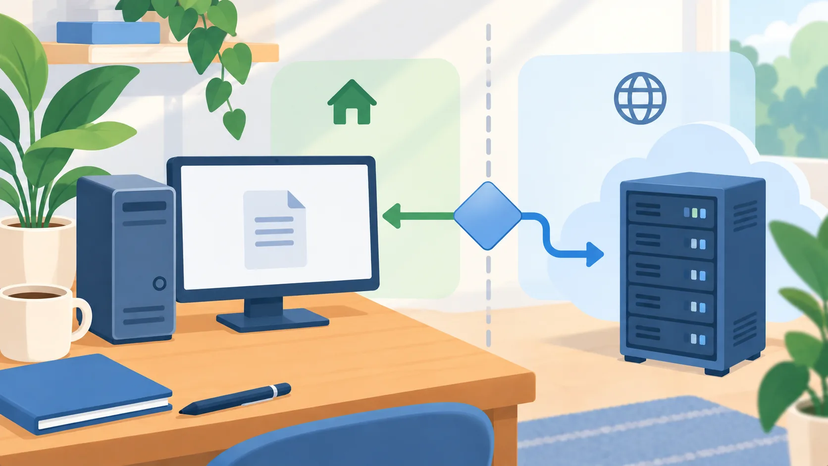 Diagram showing multiple local PCs sharing AI inference with a separate optional cloud escalation path.