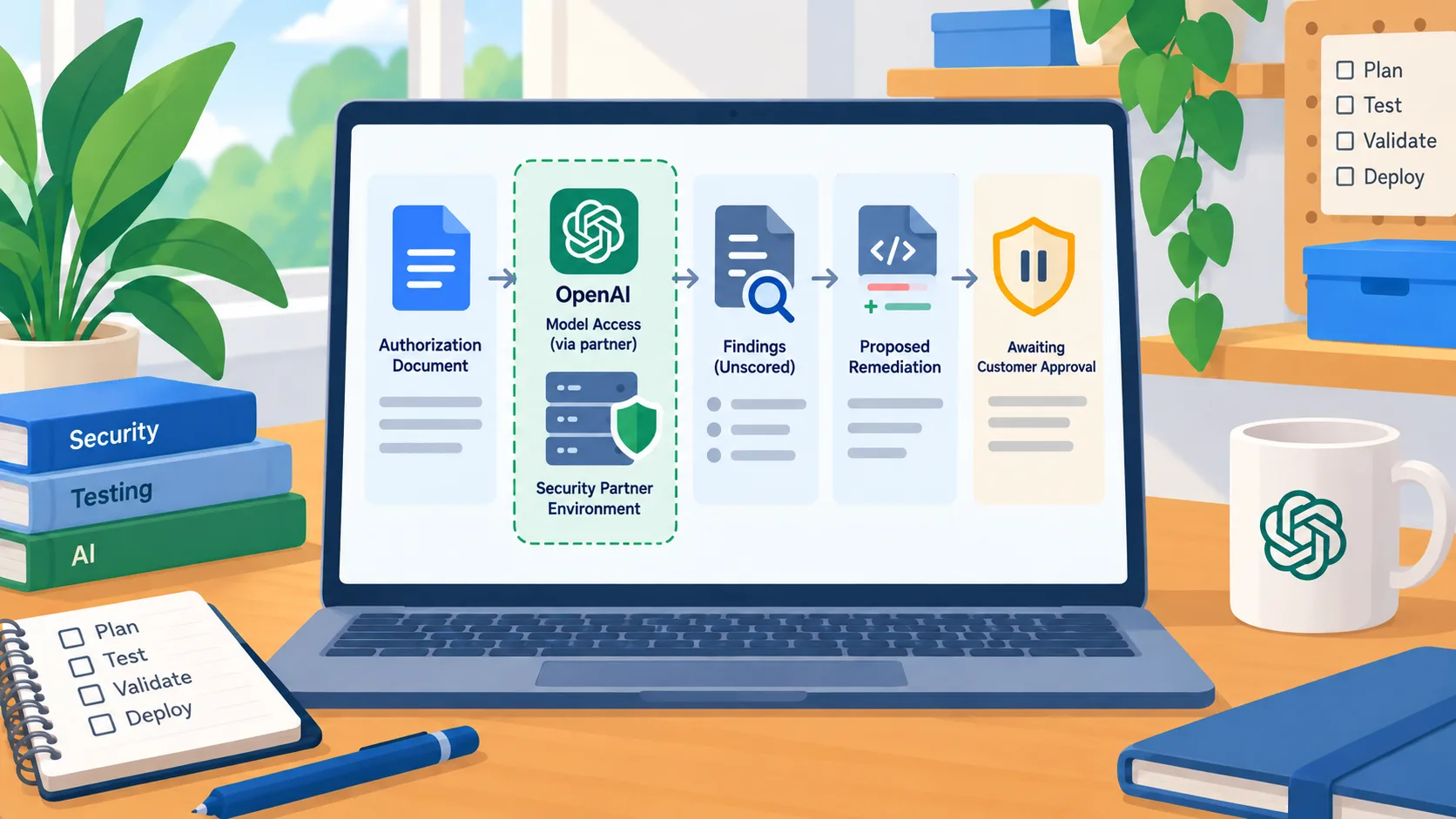 Diagram showing authorized scope, partner review, validated finding, and customer-approved remediation