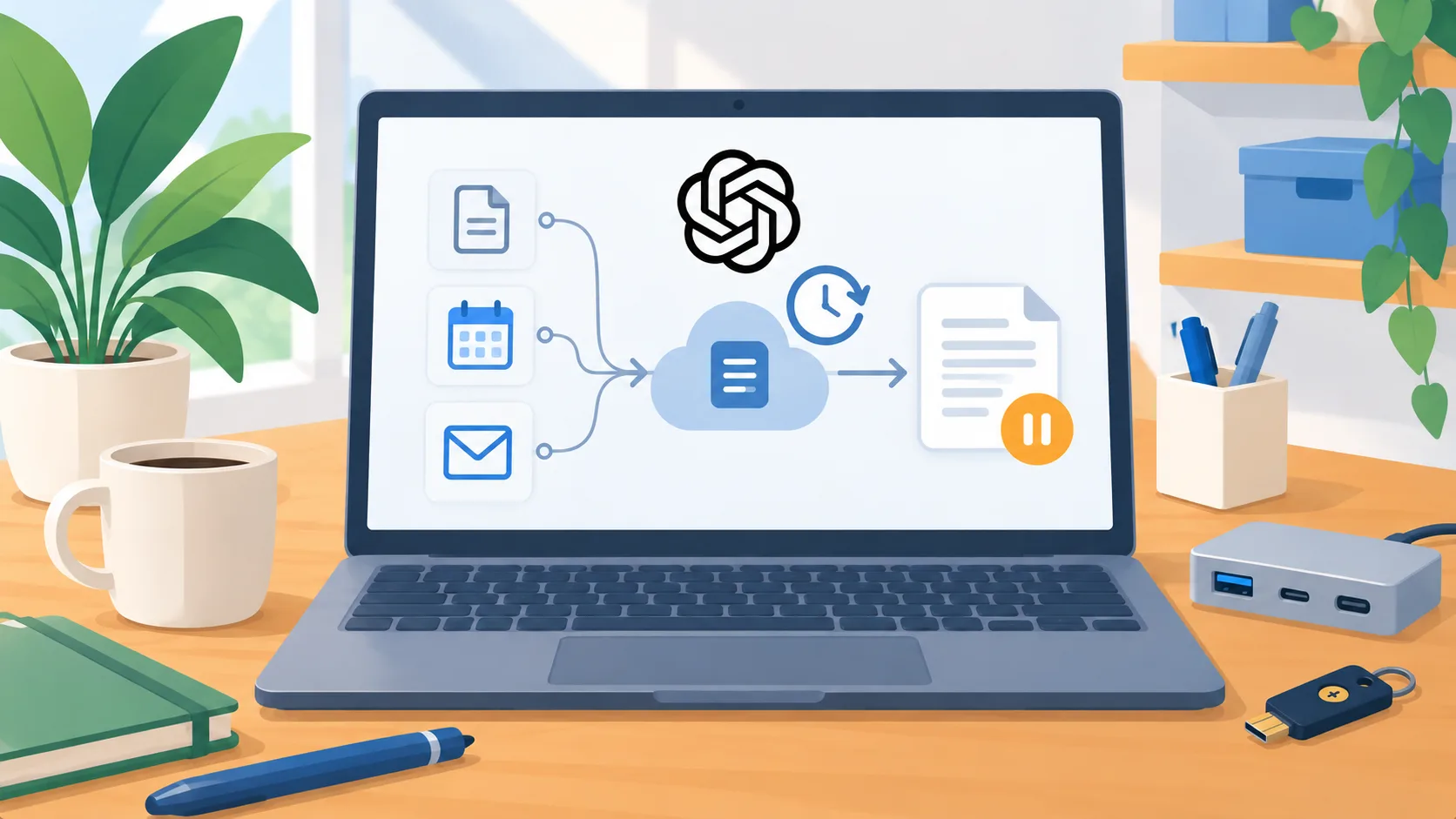 OpenAI laptop showing generic connected file, calendar and email sources feeding recurring agent work and a draft awaiting approval.