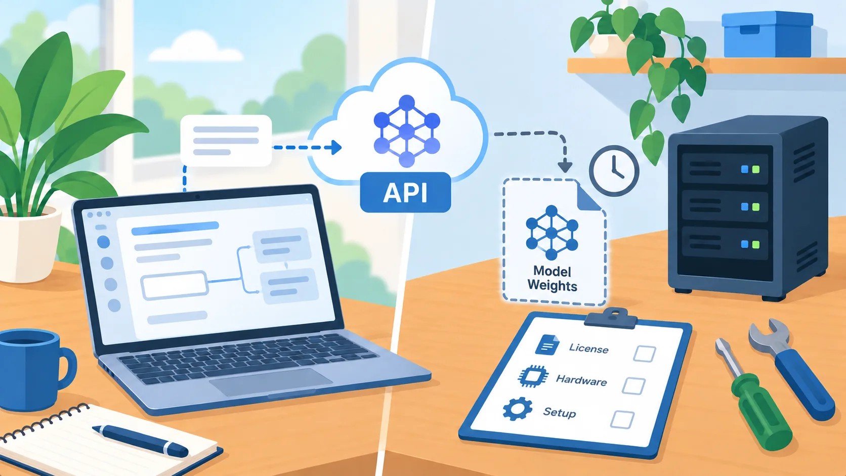 Hosted model API and planned downloadable weights shown as separate deployment choices
